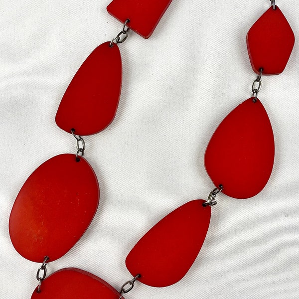 Abstract Alexander Calder Mobile Style Necklace Comprised of 7 Different Red Plastic Geometric Shapes