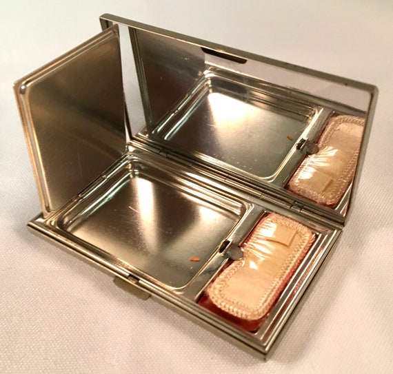 Art Deco Vintage ZELL Silvertone Compact with Rhi… - image 8