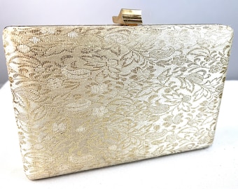 Vintage Volupte Gold and White Floral Brocade Fabric Hard Sided Evening Clutch with Goldtone Clasp with Rhinestones