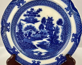 Antique English Chinoiserie Blue Transfer Printed Ceramic Plate in the Buffalo Pattern c. 1800