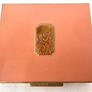 Vintage Rex Fifth Avenue Blush Pink Rectangular Compact with Decorative Goldtone Plaque on Lid