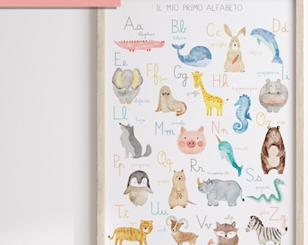 Poster Alfabeto Animali in Italiano - Decorazione Montessori per Bambini, Educativo e Divertente - Stampa camera bambini