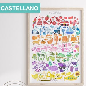 Poster educativo di colori - Arte da parete colorata per l'arredamento della camera dei bambini per graziose decorazioni Montessori e decorazioni per la scuola domestica - Versione SPAGNOLA