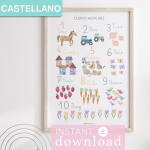 PRINTABLE Numbers poster in Spanish - Numbers watercolor for Instant Download - illustration for kids and baby decor - SPANISH