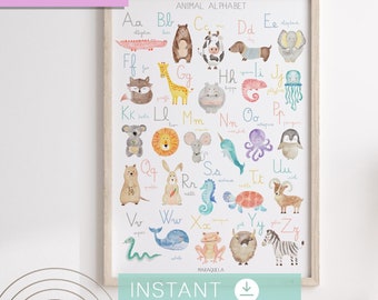 Abecedario en INGLÉS/ Animal Alphabet in ENGLISH - Versión IMPRIMIBLE - Descarga digital - Lámina/ póster Infantil del alfabeto de animales