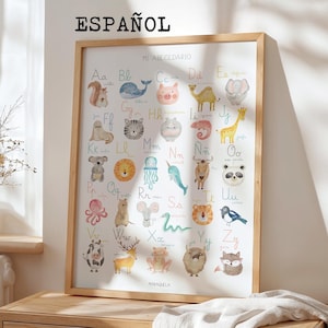 Animal Alphabet Poster in Spanish – Montessori Educational Print, Watercolor ABC Wall Art for Kids, Nursery & Classroom Decor