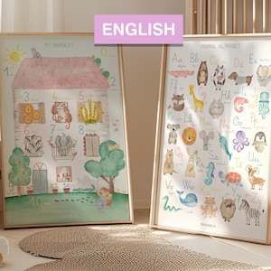 PACK DESCUENTO: My numbers (casa de animales) + Animal Alphabet. Versión INGLÉS. Láminas educativas de números y alfabeto en lengua inglesa