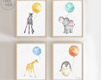 Animals With Balloons - Set of 4 illustrations: Zebra, elephant, giraffe and penguin. Baby decor, newborn prints
