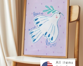 Hand‑Painted Dove “Peace and Love” | Nursery Décor | Gouache, Acrylic & Pastel artwork for Kids' Room Decor | Freedom Illustration Bedroom