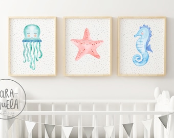 Marine Animals Set, Pastel colors - jellyfish, starfish and Sea Horse - Pastel colors palette, marine life for baby room and kids