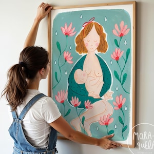 Stillkunst für die Wand | Dekorative Maternitätsdrucke | Handgemalte Kunst für Mütter | Stillkunst-Druck / Mutter und Baby | Mutterschaft