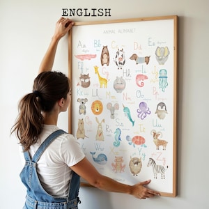 Abecedario de Animales en Inglés – Lámina Educativa Montessori, Póster en Acuarela para Niños, Decoración Infantil y espacios de aprendizaje