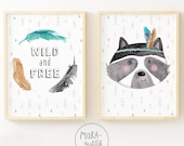 Raccoon illustration and feathers - Wild and free, Watercolor illustrations or the decor of kids
