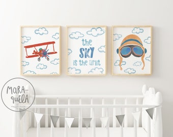 SET AVIADOR. Baby retro decor - Biplane, Aviator Helmet, sky SET - the sky is the limit, little explorer, vintage aviator, boy room decor