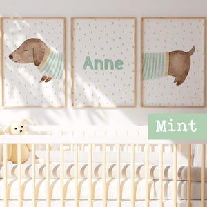 Perro Salchicha Decoración Bebé / Láminas Personalizadas en acuarela con nombre / Ilustraciones Modernas para la Habitación Infantil/ Menta
