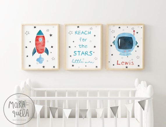ASTRONAUT ROCKET - Space decor kids - Blue Red decor - SET - Reach for the stars - little man prints - Baby bed - illustrations for children