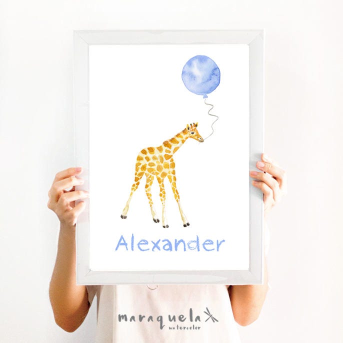 Little Giraffe Blue Balloon Watercolor Custom Name Nursery Little Giraffe Blue Balloon Watercolor Custom Name Nursery