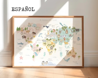 Animal World Map - Educational Watercolor Map for Kids | Nursery Wall Art | SPANISH LANGUAGE | World Map Poster | Kids' Room & Nursery Decor