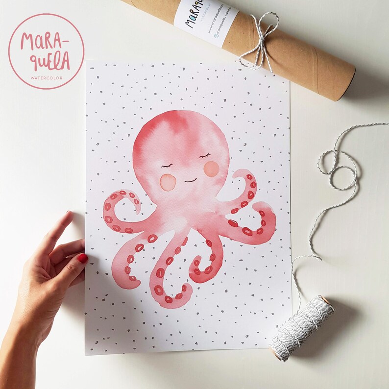 May include: A watercolor illustration of a pink octopus with a smiling face and closed eyes. The octopus is on a white background with small gray dots.
