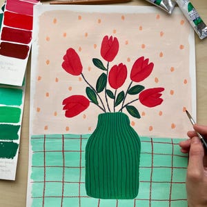 Dipinto retrò originale di fiori - Guazzo e pastello a olio (30x40 cm) - Arte da parete unica per l'arredamento della casa, stile colorato - Arte floreale