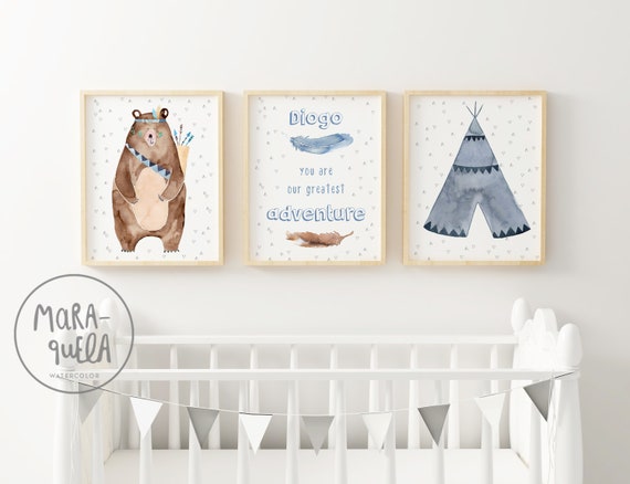Watercolor Bear Blue Boho Decor Set For Nursery Room Nursery Grizzly Bear Adventure Boho Baby Blue Brown Indian Nursery Boys Room