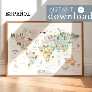 Tierweltkarte / DRUCKBAR / Pädagogische Aquarellkarte für Kinder | Wandkunst fürs Kinderzimmer | SPANISCH | Weltkarte Poster | Kinderzimmer & Babydeko