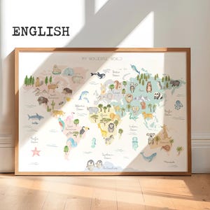 Tierwelt-Weltkarte – Lehrreiche Aquarellkarte für Kinder | ENGLISCHE Weltkarte Poster | Deko fürs Kinderzimmer & Babyzimmer