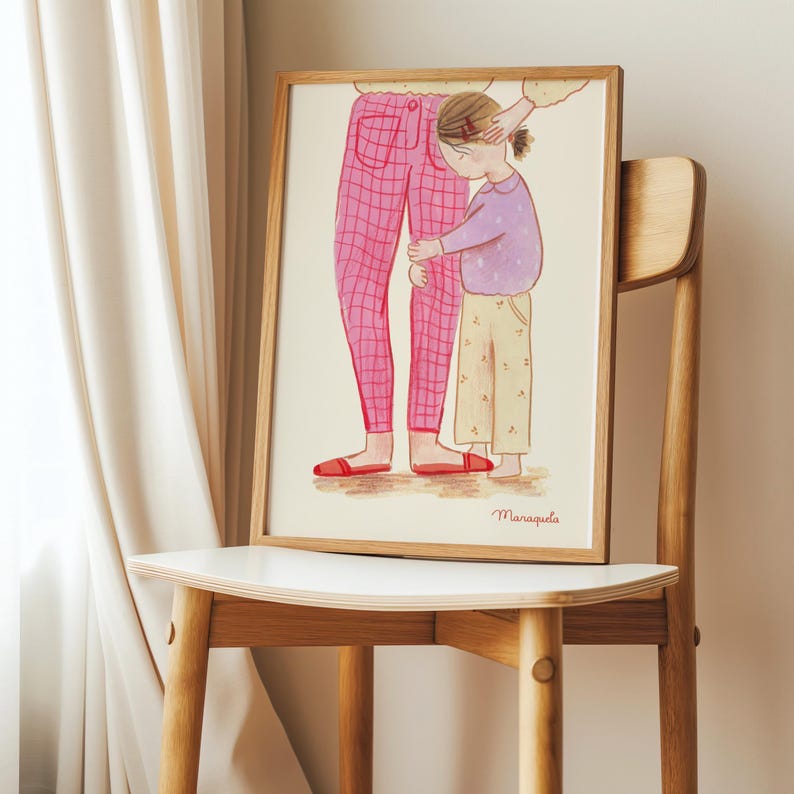 Mother & Daughter Art Print | Hand-Painted Gouache Illustration | Maternity Wall Decor | Gift for Mom | Joyful Emotional | Mom and Child