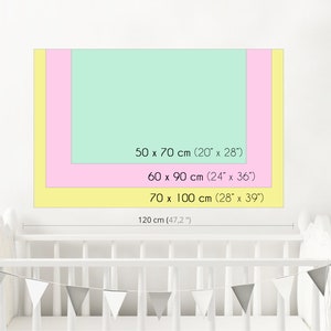 K&ouml;nnte beinhalten: Eine Grafik, die verschiedene Gr&ouml;&szlig;en eines Produkts zeigt, mit Ma&szlig;en in Zoll und Zentimetern. Die Gr&ouml;&szlig;en sind 20" x 28", 24" x 36" und 28" x 39". Die gr&ouml;&szlig;te Gr&ouml;&szlig;e ist 47,2" breit.