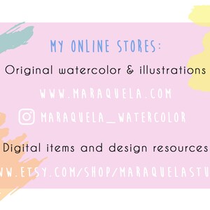 Pu&ograve; includere: Una grafica rosa e blu con il testo "MY ONLINE STORES: Original watercolor & illustrations WWW.MARAQUELA.COM MARAQUELA_WATERCOLOR Digital items and design resources WWW.ETSY.COM/SHOP/MARAQUELASTUDIO"