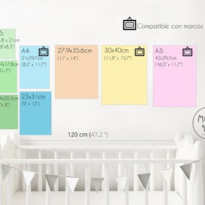 Pu&ograve; includere: Un grafico che mostra le diverse dimensioni delle stampe compatibili con le cornici IKEA. Le dimensioni sono elencate sia in pollici che in centimetri. Il grafico &egrave; etichettato "Compatible con marcos Ikea".