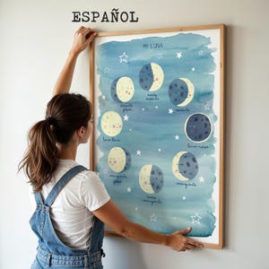 Maanfasen / Kinderillustratie "Mijn Maan" / SPAANSE versie / Decoratieve en educatieve print / Voor kleine ruimteliefhebbers