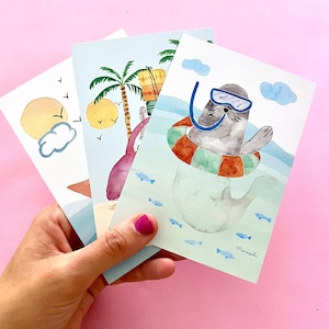 Cartoline - Set di 3 / Animali colorati e divertenti, Mini set di stampe artistiche, Pacchetto di carte, Cartoline carine, Regalo artistico - Set di 3 cartoline a tua scelta