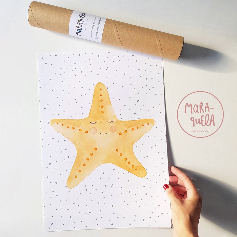 May include: A watercolor painting of a yellow starfish with a smiling face on a white background with gray dots. The painting is signed "Mara-quela Watercolor" in the bottom right corner.