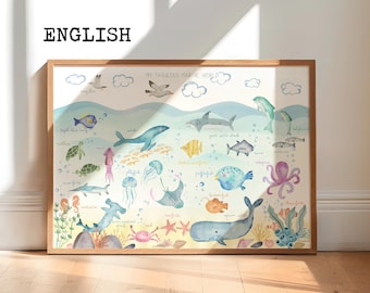 Decoración Marina para Bebés | Póster Animales del Océano en INGLÉS | Lámina Educativa de peces | Mundo marino para Niños | Amantes del Mar