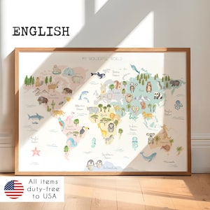 Animal World Map - Educational Watercolor Map for Kids | Nursery Wall Art | ENGLISH World Map Poster | Kids' Room & Nursery Decor