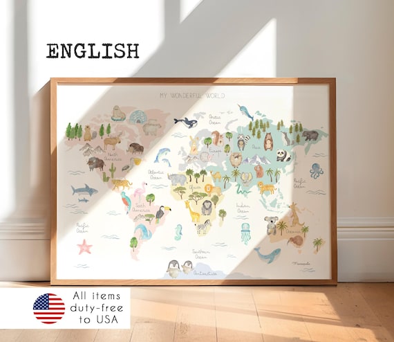 Mapa del Mundo con Animales / Póster Educativo en Acuarela / Aprender Geografía para Niños / Decoración Infantil / Inspirado en Montessori