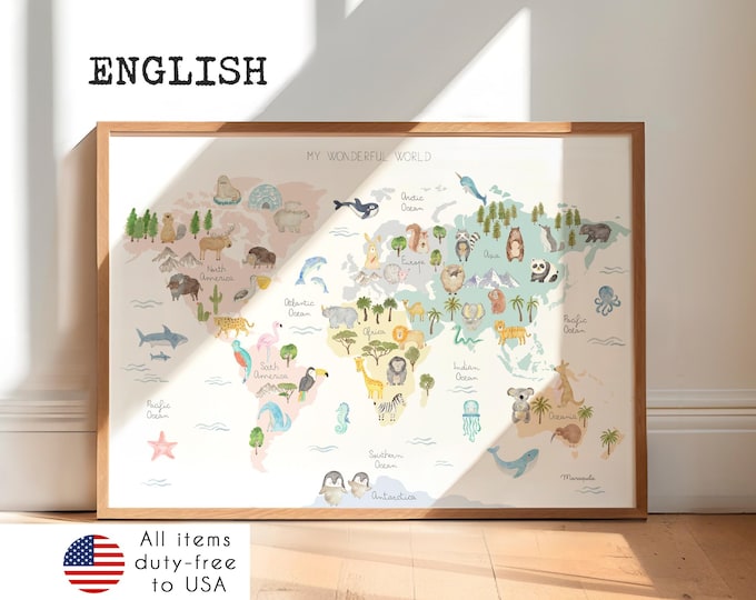 Animal World Map - Educational Watercolor Map for Kids | Nursery Wall Art | ENGLISH World Map Poster | Kids' Room & Nursery Decor