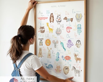 Tier-ABC auf Englisch – Montessori-Lerntisch, Aquarellposter für Kinder, Kinderzimmerdekoration und Lernbereiche