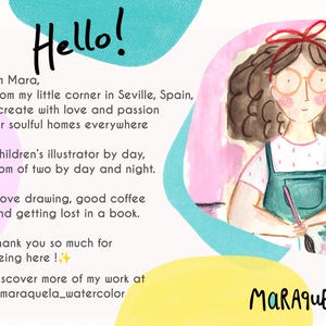 May include: Illustration featuring a girl with curly brown hair, glasses, and a red bow, holding a pen. Text includes "Hello!" and information about the artist, Mara, from Seville, Spain, who creates illustrations for soulful homes. The artist's name, MARAQUELA, is also displayed.