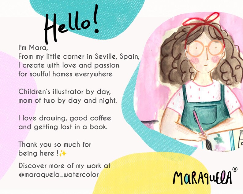 May include: Illustration featuring a girl with curly brown hair, glasses, and a red bow, holding a pen. Text includes "Hello!" and information about the artist, Mara, from Seville, Spain, who creates illustrations for soulful homes. The artist's name, MARAQUELA, is also displayed.
