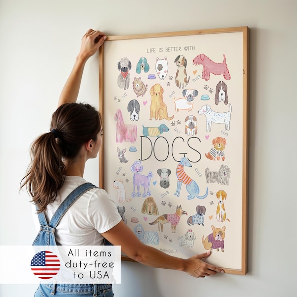 Ilustración Razas de perros - La vida es mejor con perros –  Temática canina para la decoración del hogar y habitación infantil