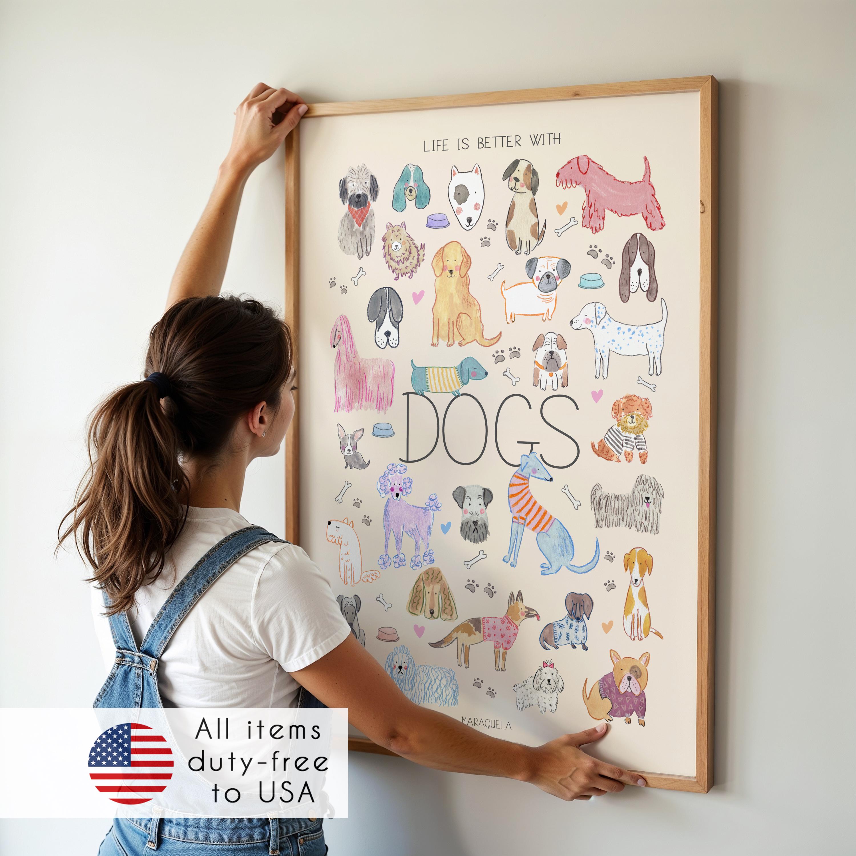 Dog Breeds Poster – Life is Better with Dogs Wall Art – Watercolor and Gouache Dog Breed Illustration Print – Dog Lover Gift for Home Decor