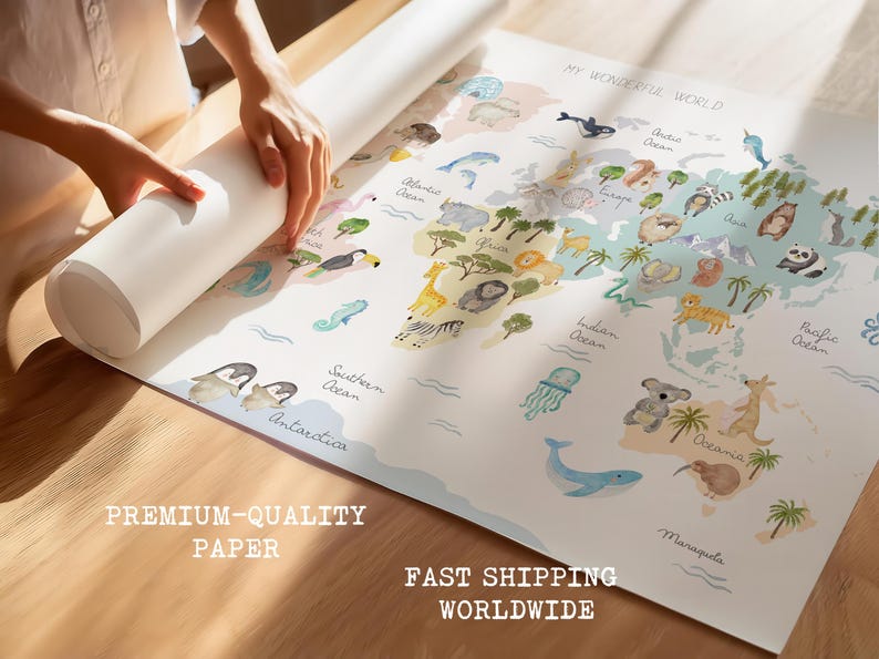 K&ouml;nnte beinhalten: Ein farbenfroher Weltkarten-Poster mit Illustrationen von Tieren und Kontinenten. Das Poster tr&auml;gt den Titel "Meine wunderbare Welt" und enth&auml;lt die Namen der Ozeane.