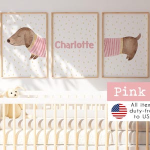Sausage Dog Set - Peach PINK colors, for baby girls  - Funny prints of Dachshund dog for babies, girls and kids decor
