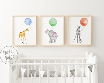 ANIMALS with Balloons Set for baby.Set 3 watercolor for kids and babies.Giraffe, zebra, elephant.Baby shower.Nursery, Safari animal, decor
