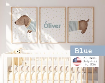 Sausage Dog Set / Illustrations for nursery room / brown and blue palette / Funny prints of Dachshund dog for babies and kids'room