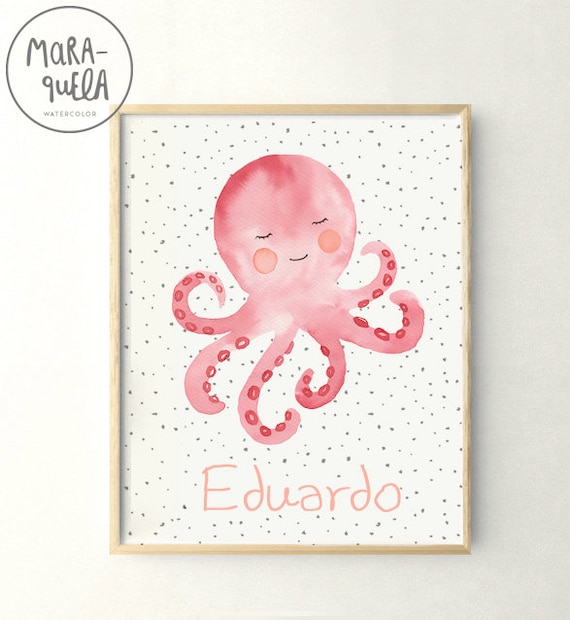 Octopus Avec Le Nom Illustration Dans Laquarelle Animaux Etsy