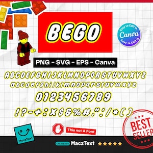 Pode incluir: Um conjunto de design gráfico digital apresentando o texto BEGO em uma fonte com contorno amarelo sobre um fundo vermelho, uma figura de desenho animado, o alfabeto completo em maiúsculas e minúsculas, números 0-9, símbolos e um selo Best Seller.