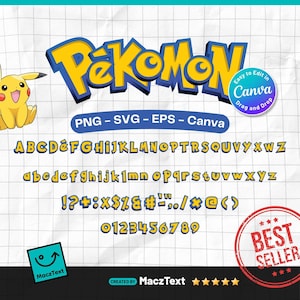 Może przedstawiać: Cyfrowy zestaw czcionek z żółto-niebieskim logo Pekomon, wielkimi i małymi literami, cyframi oraz symbolami. Zawiera grafikę postaci Pikachu, odznakę edycji w Canva oraz czerwoną pieczątkę Best Seller na tle w kratkę.